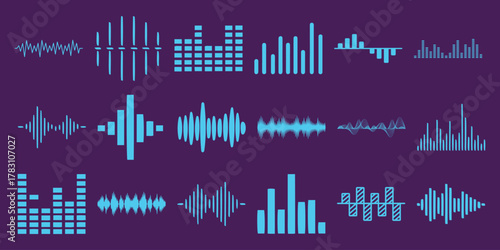 Collection of Blue Sound Waveforms and Equalizer Graphics on Purple Background