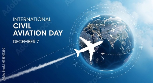 Fototapeta Naklejka Na Ścianę i Meble -  International Civil Aviation Day graphic with a white airplane flying around a blue earth globe against a bright sky.