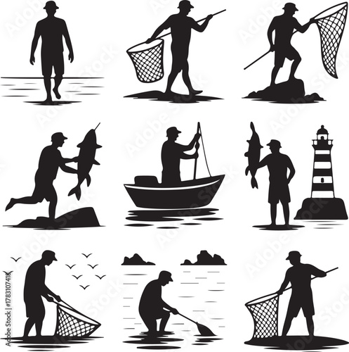 Fisherman Silhouette Collection Vector Illustration Black and White Sea Activity