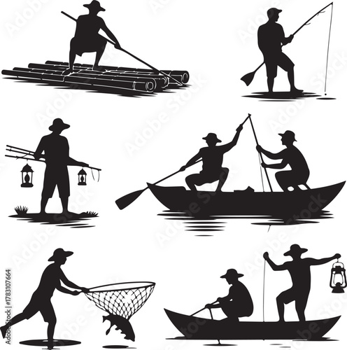 Fishermen silhouettes engaging in different fishing activities with boats and raft