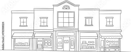 Black and white line drawing of classic storefronts featuring urban architecture, retail facades, small business buildings, and shop exteriors