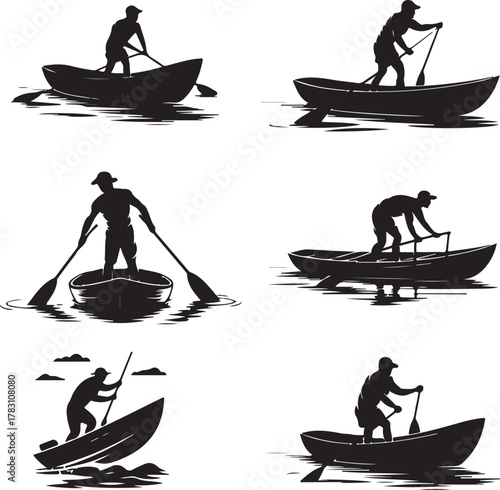Silhouette collection of people rowing boats on the water in black and white