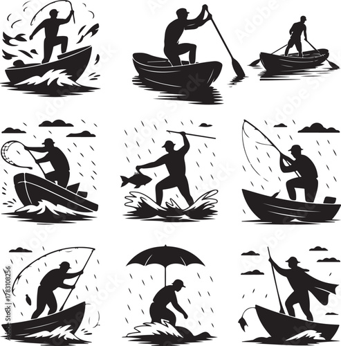 Silhouette illustration of men engaging in fishing and boating activities