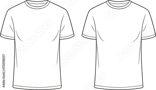 Black and white line drawing of two plain short-sleeved T-shirts front and back views with round neck and garment details