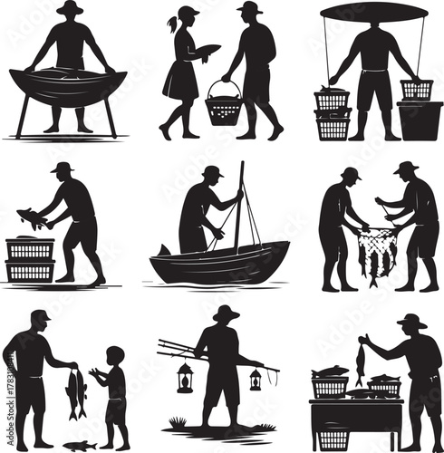 Silhouette illustration of people fishing and selling fish at market