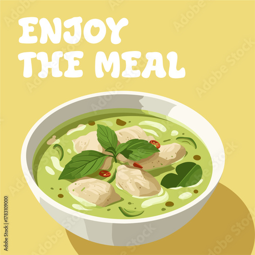 Mouthwatering Thai green curry dish illustration