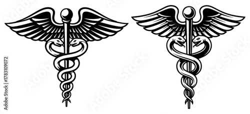 Two caduceus symbols, representing medicine and healthcare, with snakes entwined around a staff and wings