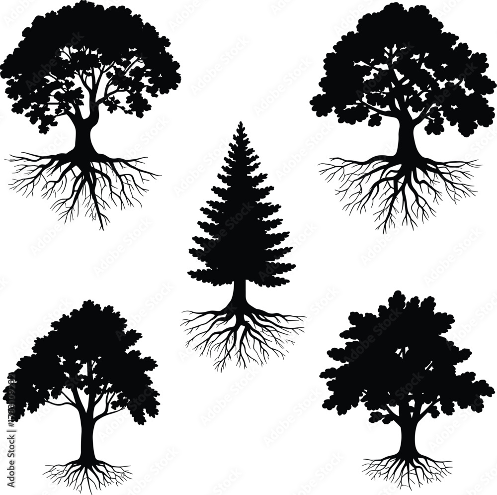 Fototapeta premium Five black tree silhouettes with exposed root systems in circular layout, unique foliage shapes, symbolic growth, nature strength, organic design