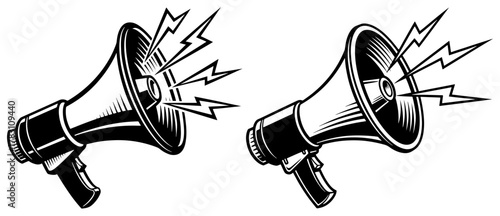 Two vintage megaphone with lightning bolts, vector illustration loudspeaker design element