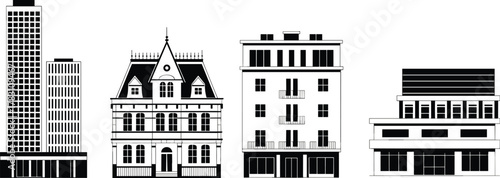 Four diverse building illustrations with modern, historic, residential, and commercial architecture styles, flat roofs, spires, balconies, urban design