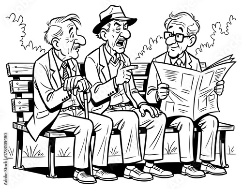 Three senior men are sitting on a bench in the park, chatting and reading a newspaper, line art illustration on
