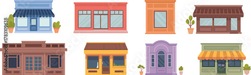 Set of eight colorful storefront vector illustrations with diverse architecture, urban facades, shop exteriors, and decorative commercial building designs
