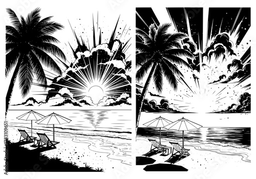 A tropical beach scene with palm trees and beach chairs, with an explosion in the distance, creating a dramatic contrast