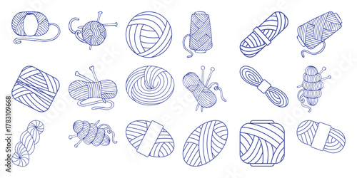 Collection of Hand-Drawn Yarn Balls and Knitting Needles in Blue Outline