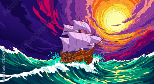 Voyage Through Storm A Sailing Ship Navigates Turbulent Waters at Sunset