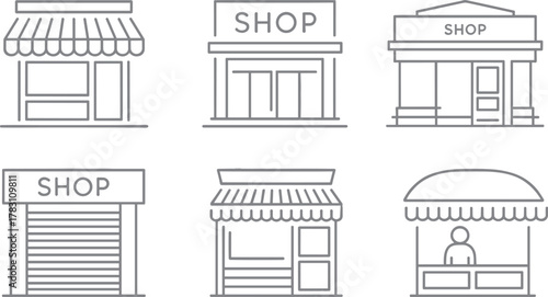 Set of six black line shopfront vector illustrations featuring minimal storefront designs, retail facades, market stalls, and urban architecture