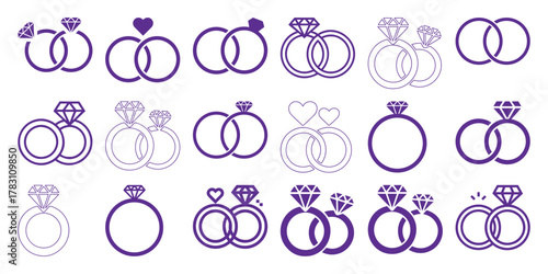 Collection of Purple Wedding and Engagement Ring Icons with Diamonds and Hearts