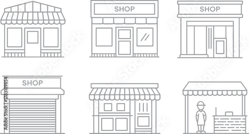 Set of six colorful shopfront vector illustrations featuring retail facades, market stalls, storefront architecture, and commercial building designs
