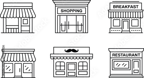 Set of Six Line Art Storefront Icons Featuring Restaurant, Barbershop, Diner, Shopping, and Small Shops for Urban Business Design