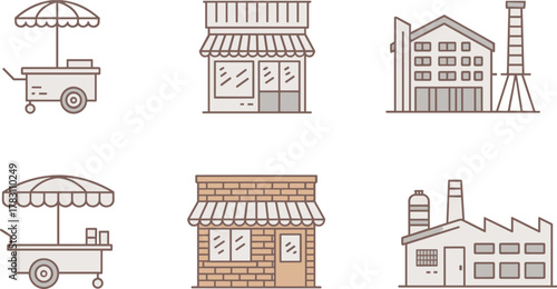 Set of Six Stylized Building Illustrations Featuring Street Food Carts, Storefronts, and Industrial Structures for Urban and Commercial Design
