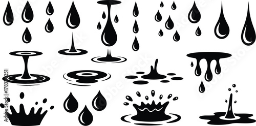 Set of sixteen black and white water droplet and splash vector illustrations showing liquid motion, ripple effects, and fluid dynamics