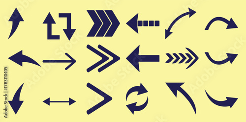 Collection of various dark blue arrow icons on a light yellow background