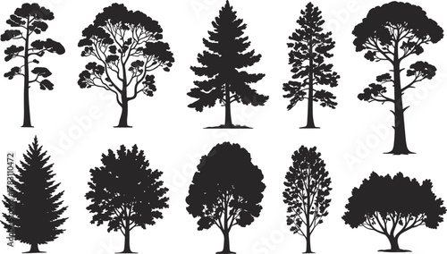 Set of ten tree silhouette illustrations featuring diverse foliage shapes, branching styles, canopy structures, and botanical design elements
