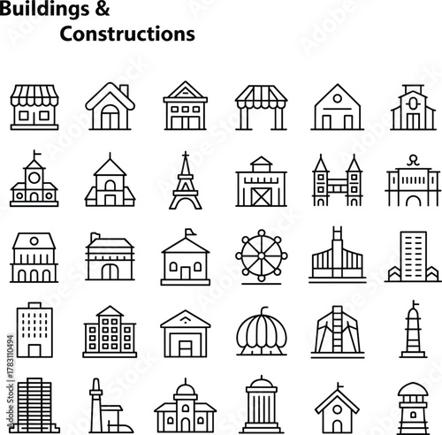 Set of thirty black line building icons featuring diverse architecture, landmarks, religious structures, public buildings, and construction elements vector