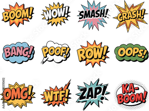 Set of twelve colorful comic sound effect vector illustrations with bold typography, dynamic shapes, onomatopoeia, and expressive action words
