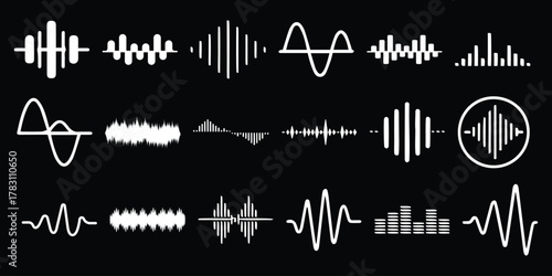 Collection of White Sound Waveforms and Audio Visualizers on Black Background