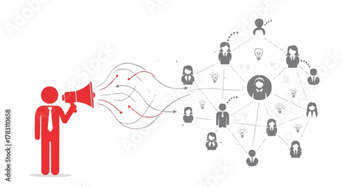 Red figure with megaphone broadcasting to a network of people.