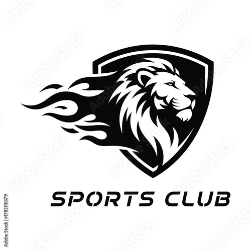 Bold black and white stylized lion s head logo for a sports club isolated on white background