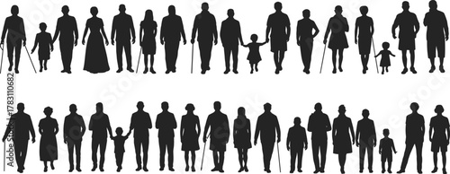 Silhouettes of diverse human life stages from child to elderly, mobility aids, generational progression, aging concept, inclusive design