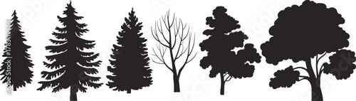 Seven black tree silhouettes in row with varied foliage and branch shapes, conifers and deciduous forms, botanical diversity, nature design