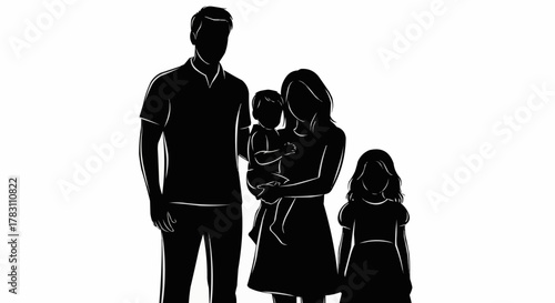 Family silhouette standing together, representing love and togetherness in a simple illustration.
