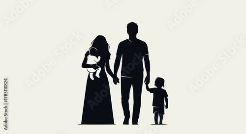 Silhouette of a family with two children walking together.
