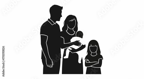 Silhouette of a family with a baby and a young daughter.