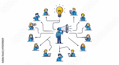Marketing and Communication Network with Megaphone and Idea Bulb.