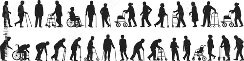 Silhouettes of people using mobility aids including canes, walkers, wheelchairs, showing diverse postures, accessibility, aging, inclusive design