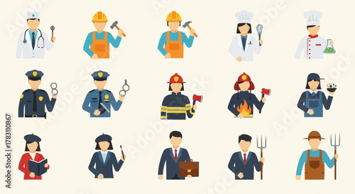 Collection of Diverse Professional Occupation Icons Representing Various Careers.