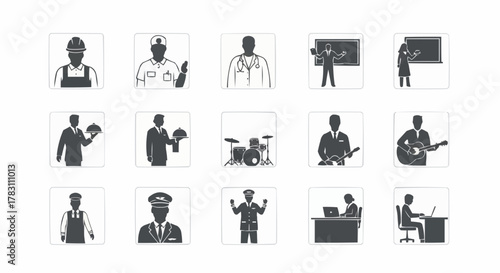 Diverse Professions Depicted in Silhouette Form on a White Background.