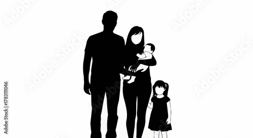 Silhouette of a family with two children, depicting togetherness and parental care.