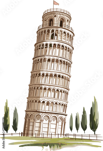 Stylized illustration of Leaning Tower of Pisa with trees, fence, flag, grassy area, iconic architecture, Italy travel landmark