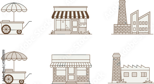 Stylized Illustration of Six Urban Structures Featuring Food Carts, Storefronts, and Industrial Buildings for Commercial and Architectural Design