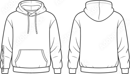 Technical fashion sketch of hooded sweatshirt front and back views with kangaroo pocket, drawstrings, cuffs, waistband, and garment details