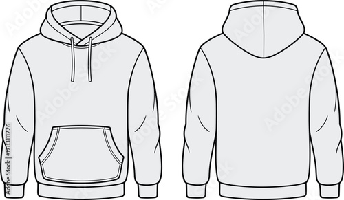 Technical fashion sketch of hooded sweatshirt front and back views with kangaroo pocket, drawstrings, ribbed cuffs, hem, and garment details