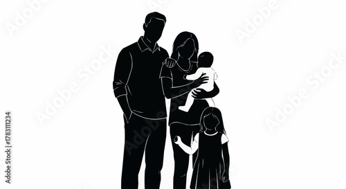 Family silhouette portrait with parents and children, togetherness and love.