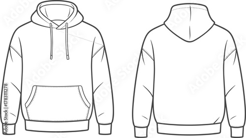 Technical fashion sketch of hooded sweatshirt front and back views with kangaroo pocket, seam lines, ribbed cuffs, and garment details