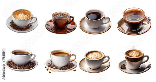 Assorted Coffee Cups with Beautiful Latte Art and Beans Displayed, Bundle Set Collection, Isolated on Transparent Background