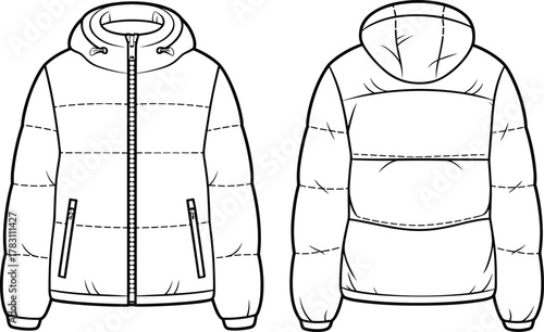 Technical fashion sketch of puffer jacket front and back views with hood, zipper, quilting, pockets, and garment construction details
